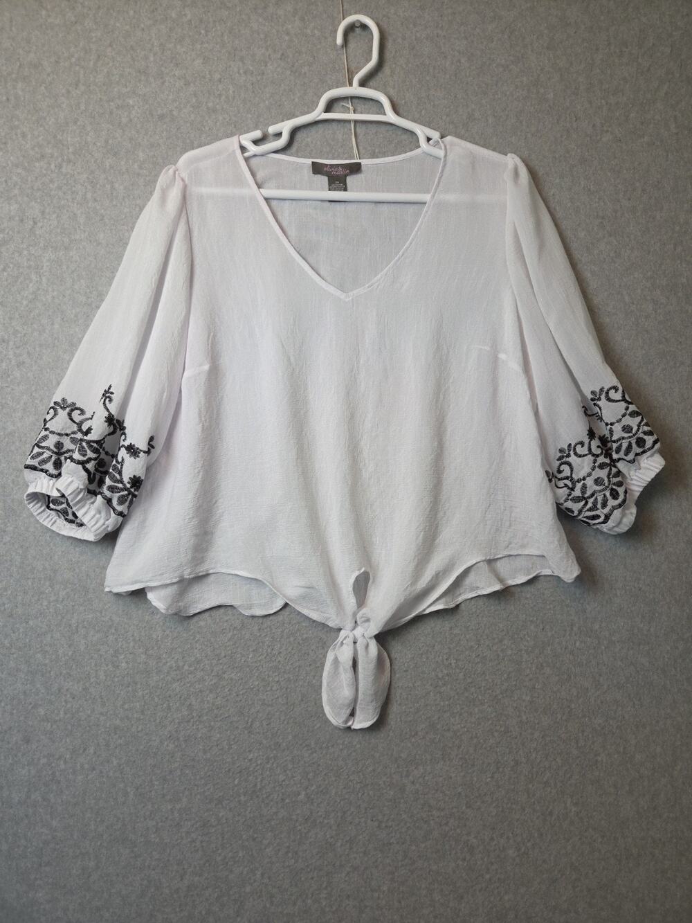 Olivia & Martin White Embroidered V Neck Tie Front Blouse Women's Plus 3X